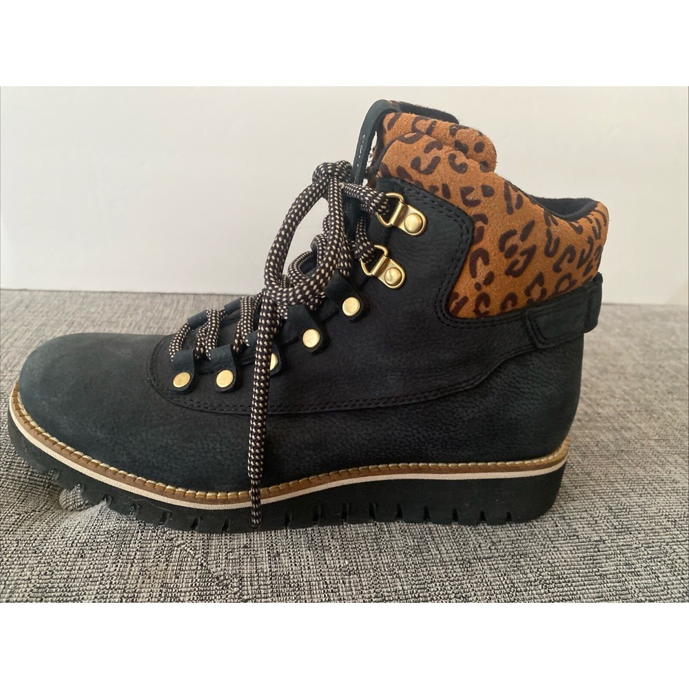Cole Haan Grand Explore 7.5B Hiking Boot Black Waterproof Cheetah Trim W24319